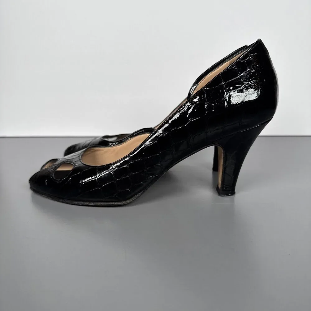 Anyi Lu Handmade In Italy Patent Leather Snakeskin Black Peep Toe Heels Sz 37.5‎